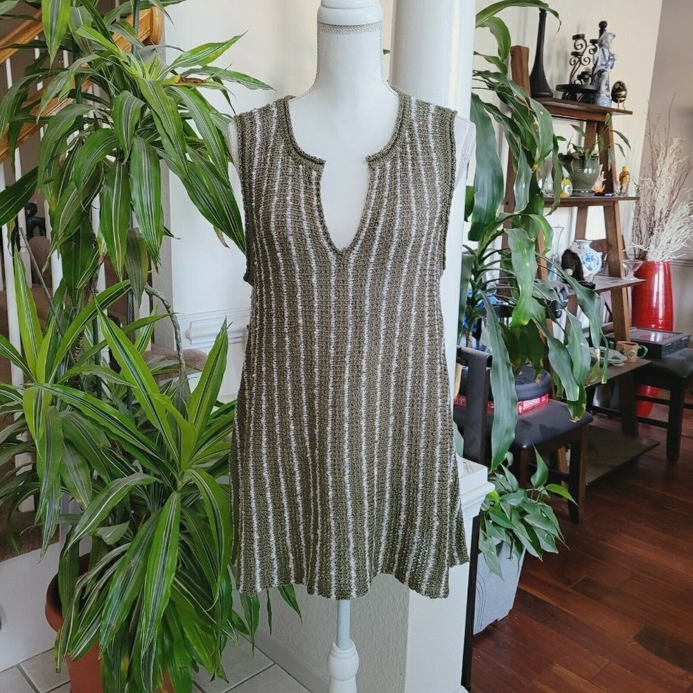 Cottage Core Pullover Knit Vest Tunic Striped BOHO One Size Sm-Lg Olive Green - Picture 3 of 10
